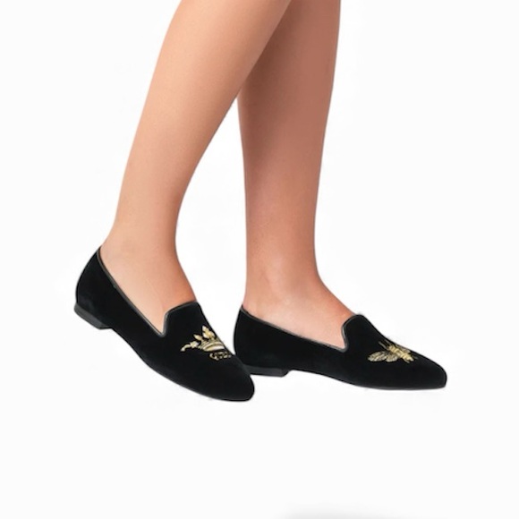 Jon Josef Gatsby Queen Bee Elegant Black Satin Loafers with Gold Stitch Academia - Picture 4 of 10